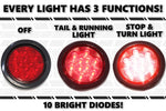 4 Inches Round (4) Red 10 LED Stop Turn Tail Light Brake Flush Truck Trailer 2 Pairs