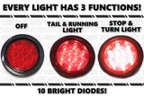 4 Inches Round (4) Red 10 LED Stop Turn Tail Light Brake Flush Truck Trailer 2 Pairs